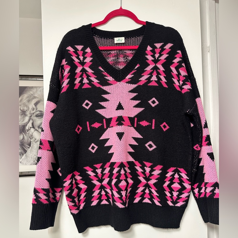 Cowgirl-Inspired Western Black and Pink Sweater, size L/XL